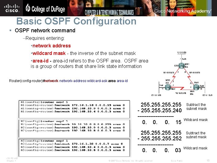 Basic OSPF Configuration § OSPF network command –Requires entering: • network address • wildcard