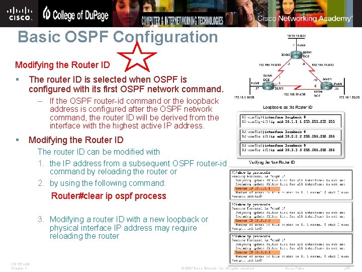 Basic OSPF Configuration Modifying the Router ID § The router ID is selected when