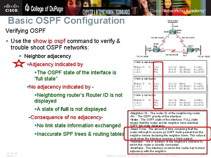 Basic OSPF Configuration Verifying OSPF § Use the show ip ospf command to verify