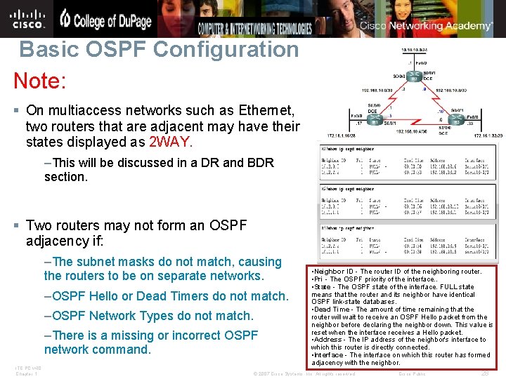 Basic OSPF Configuration Note: § On multiaccess networks such as Ethernet, two routers that