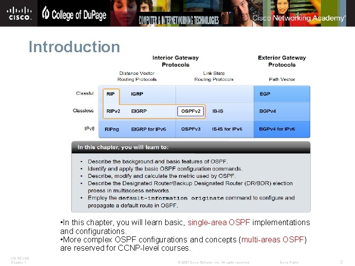 Introduction • In this chapter, you will learn basic, single-area OSPF implementations and configurations.