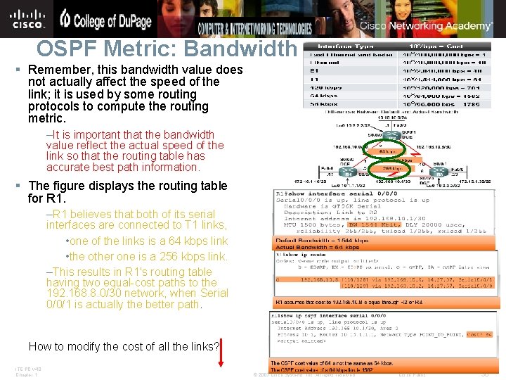 OSPF Metric: Bandwidth § Remember, this bandwidth value does not actually affect the speed