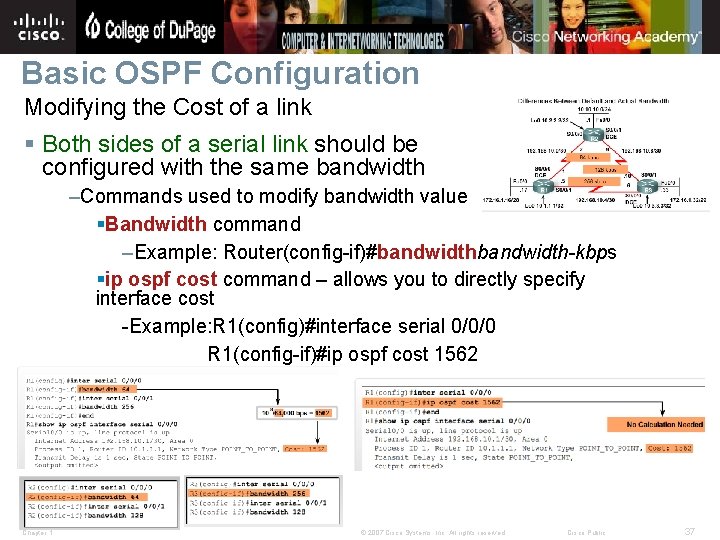 Basic OSPF Configuration Modifying the Cost of a link § Both sides of a