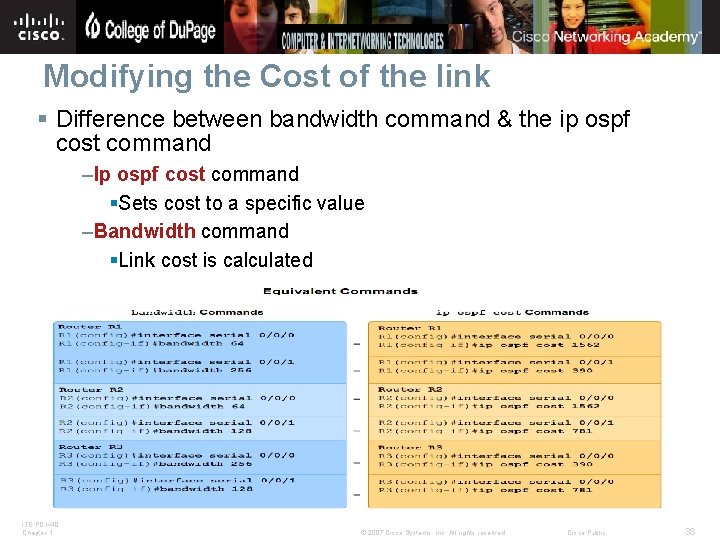 Modifying the Cost of the link § Difference between bandwidth command & the ip