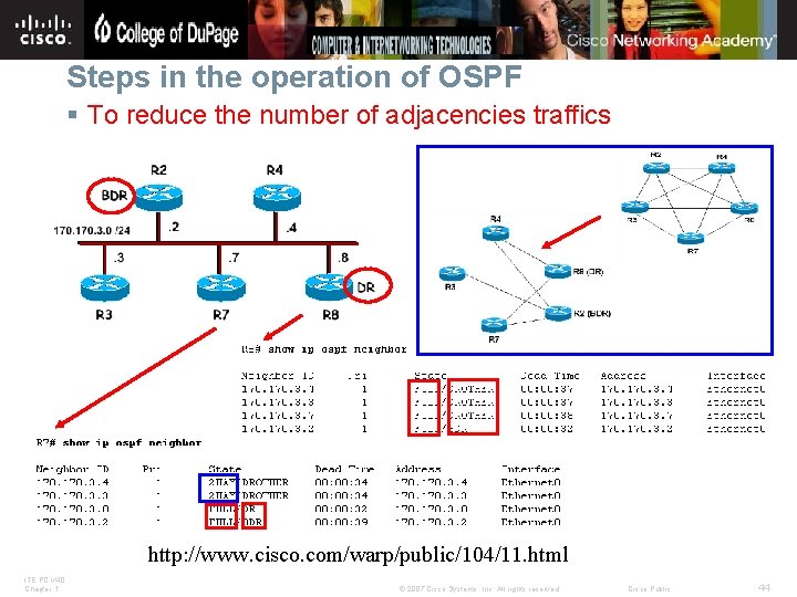 Steps in the operation of OSPF § To reduce the number of adjacencies traffics
