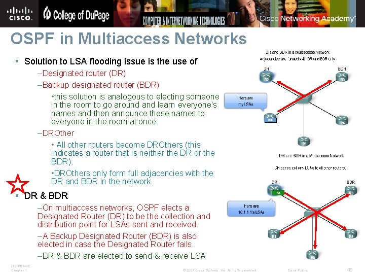 OSPF in Multiaccess Networks § Solution to LSA flooding issue is the use of