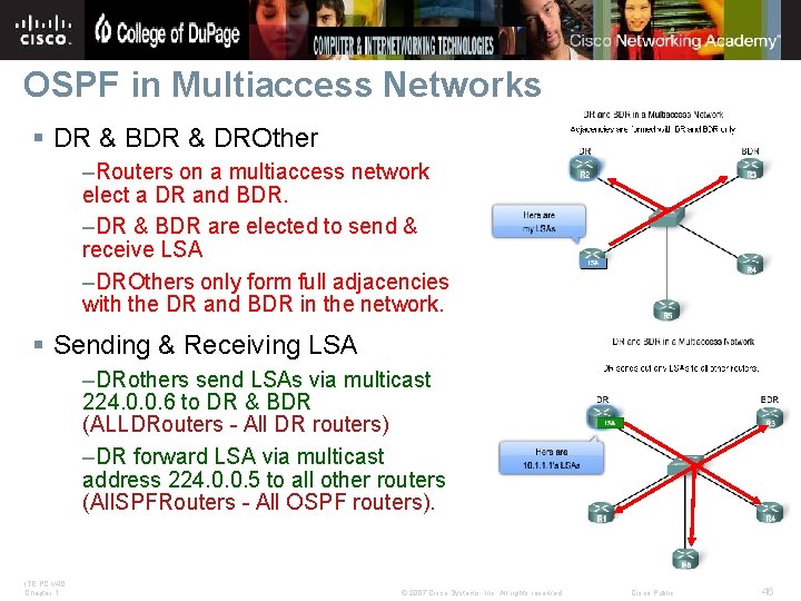 OSPF in Multiaccess Networks § DR & BDR & DROther –Routers on a multiaccess