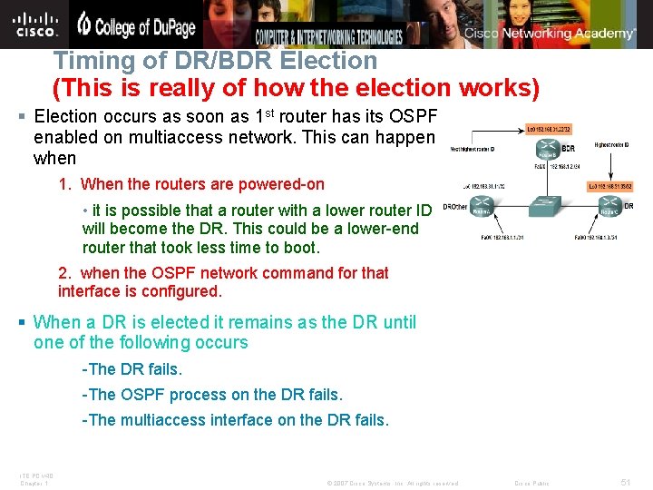 Timing of DR/BDR Election (This is really of how the election works) § Election