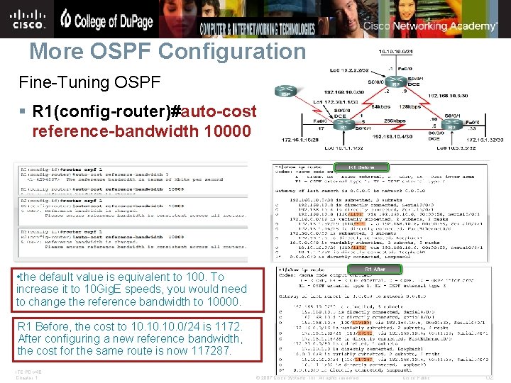 More OSPF Configuration Fine-Tuning OSPF § R 1(config-router)#auto-cost reference-bandwidth 10000 • the default value