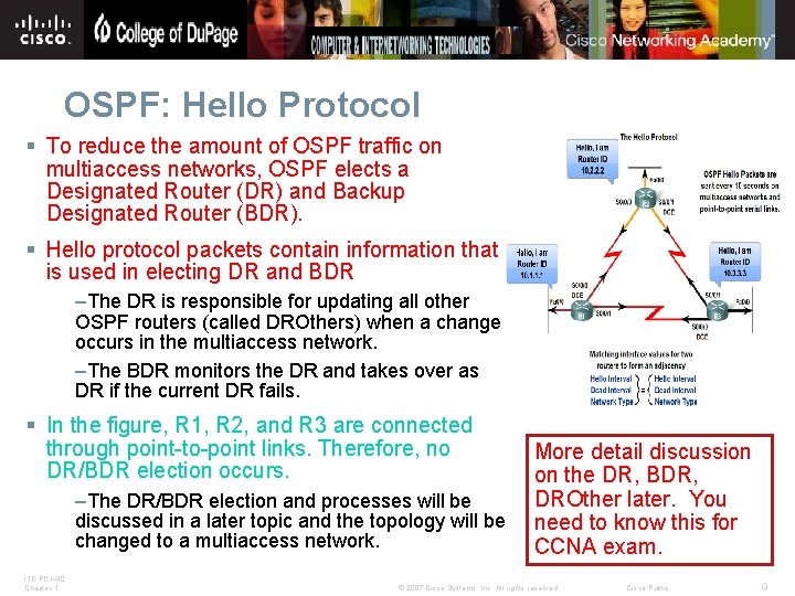 OSPF: Hello Protocol § To reduce the amount of OSPF traffic on multiaccess networks,