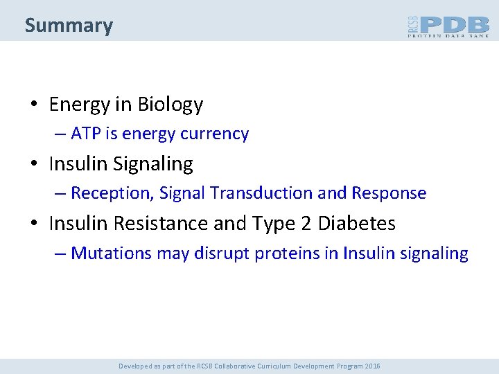 Summary • Energy in Biology – ATP is energy currency • Insulin Signaling –