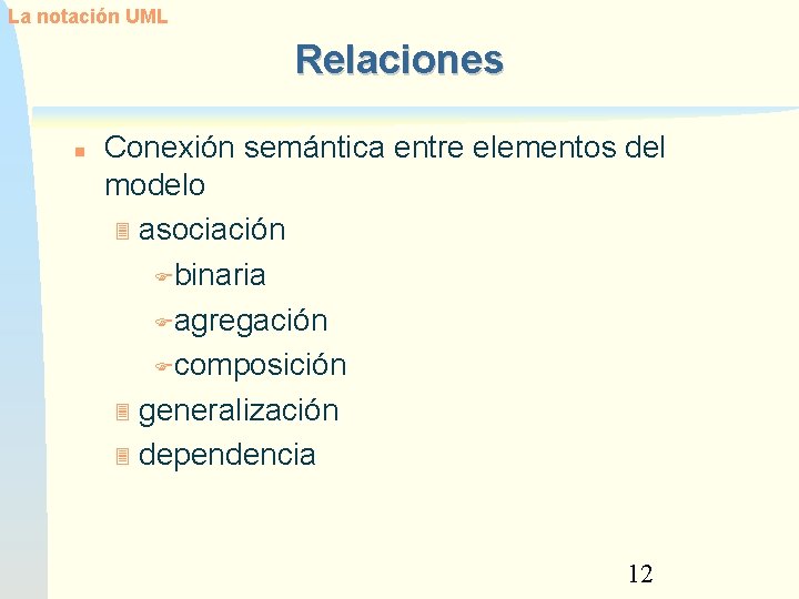 La notación UML Relaciones Conexión semántica entre elementos del modelo asociación binaria agregación composición