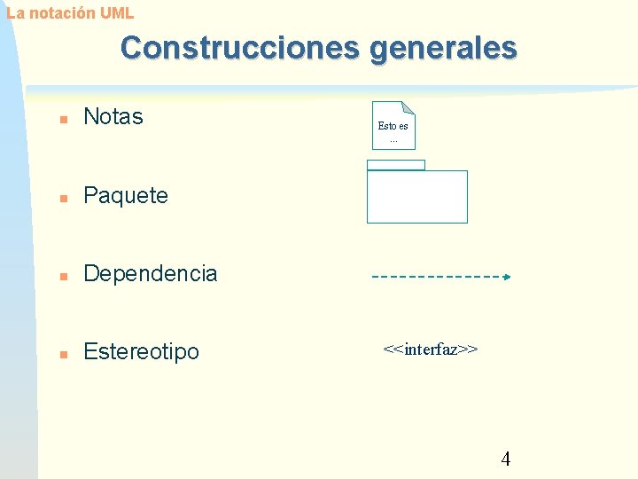 La notación UML Construcciones generales Notas Paquete Dependencia Estereotipo Esto es. . . <<interfaz>>