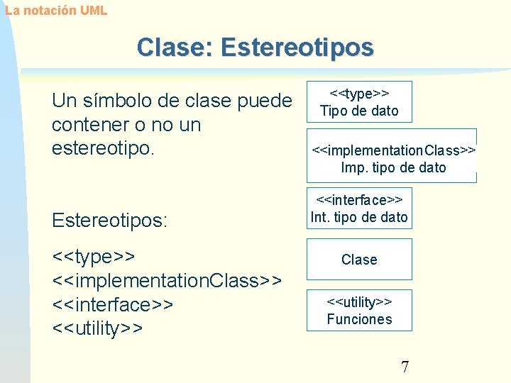 La notación UML Clase: Estereotipos Un símbolo de clase puede contener o no un