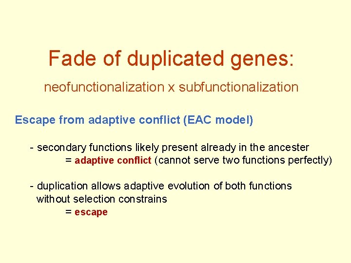 Fade of duplicated genes: neofunctionalization x subfunctionalization Escape from adaptive conflict (EAC model) -