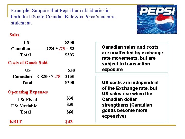 Example: Suppose that Pepsi has subsidiaries in both the US and Canada. Below is