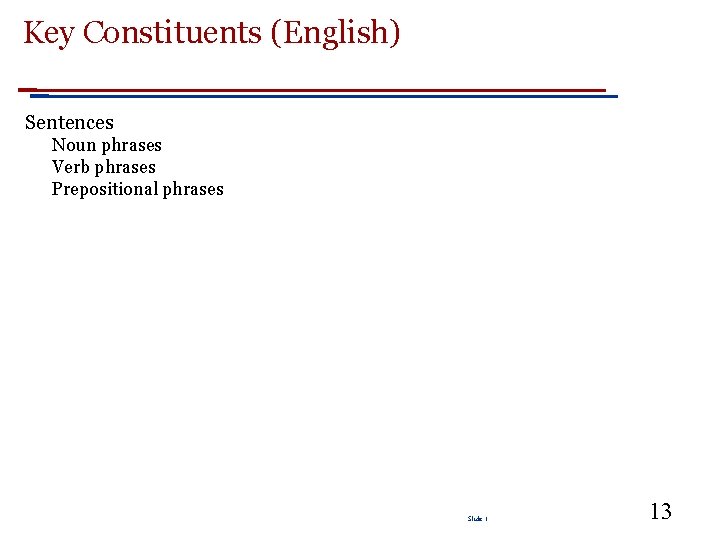 Key Constituents (English) Sentences Noun phrases Verb phrases Prepositional phrases Slide 1 13 