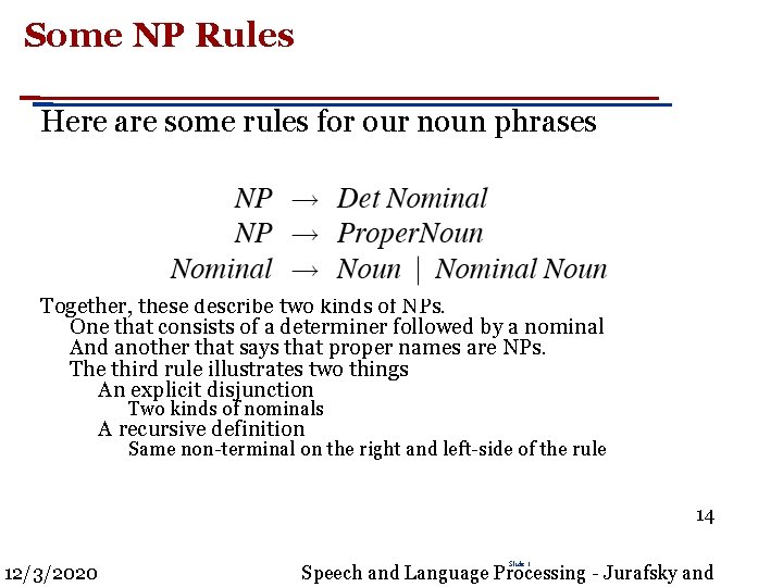 Some NP Rules Here are some rules for our noun phrases Together, these describe
