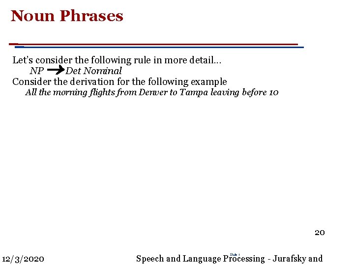 Noun Phrases Let’s consider the following rule in more detail. . . NP Det