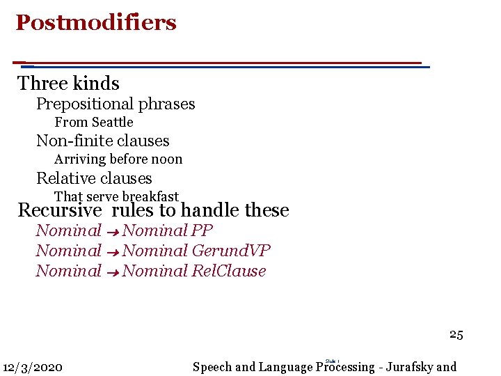 Postmodifiers Three kinds Prepositional phrases From Seattle Non-finite clauses Arriving before noon Relative clauses