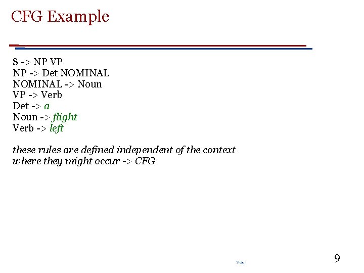 CFG Example S -> NP VP NP -> Det NOMINAL -> Noun VP ->