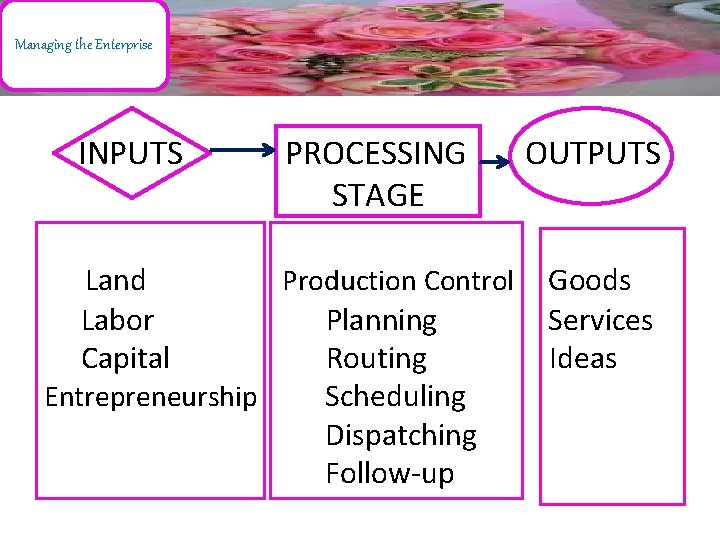 Managing the Enterprise INPUTS PROCESSING OUTPUTS STAGE Land Production Control Goods Labor Planning Services