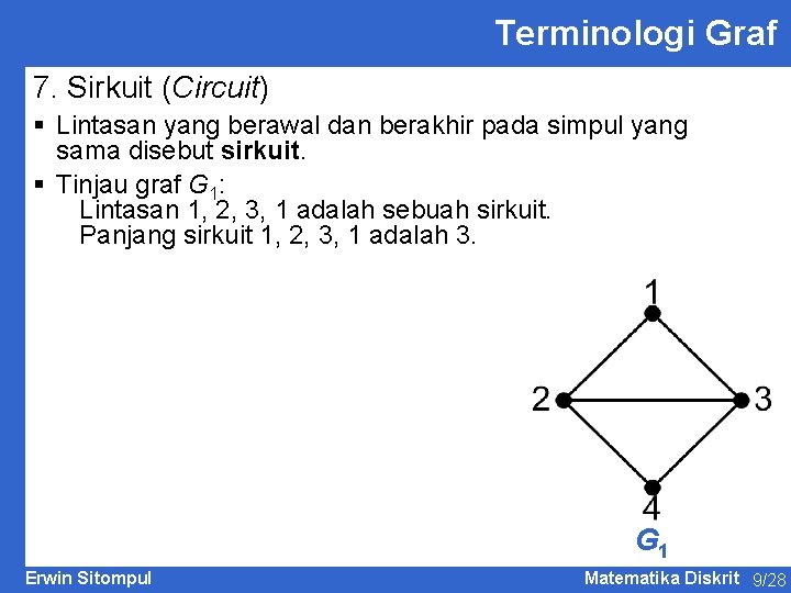 Terminologi Graf 7. Sirkuit (Circuit) § Lintasan yang berawal dan berakhir pada simpul yang