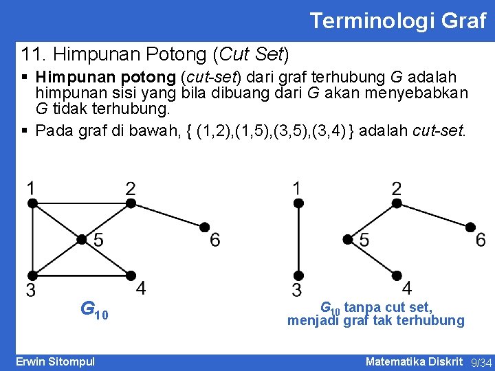 Terminologi Graf 11. Himpunan Potong (Cut Set) § Himpunan potong (cut-set) dari graf terhubung
