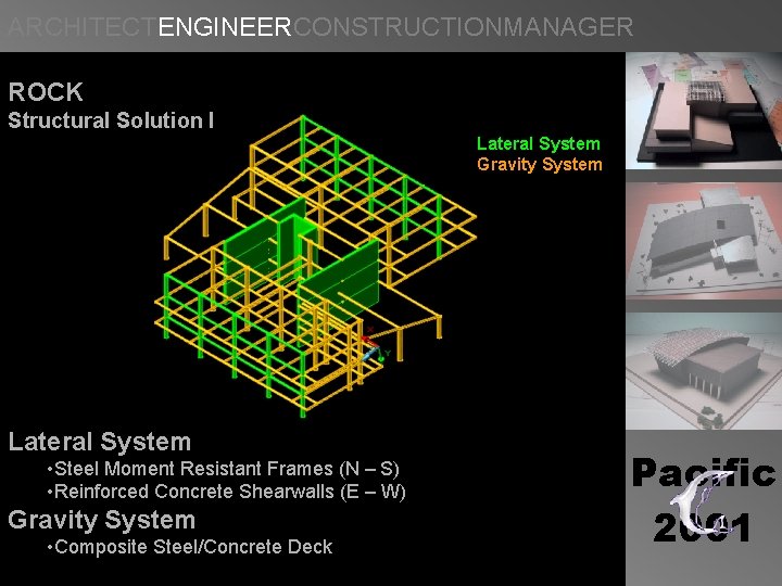 ARCHITECTENGINEERCONSTRUCTIONMANAGER ROCK Structural Solution I Lateral System Gravity System Lateral System • Steel Moment