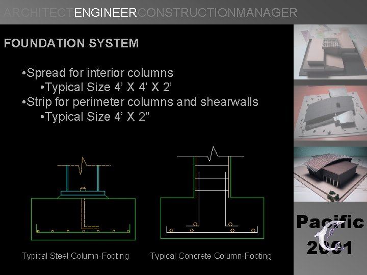 ARCHITECTENGINEERCONSTRUCTIONMANAGER FOUNDATION SYSTEM • Spread for interior columns • Typical Size 4’ X 2’