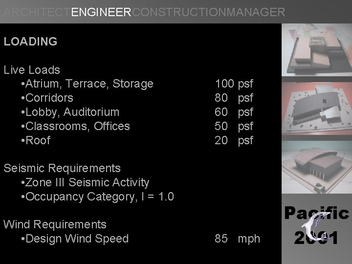 ARCHITECTENGINEERCONSTRUCTIONMANAGER LOADING Live Loads • Atrium, Terrace, Storage • Corridors • Lobby, Auditorium •