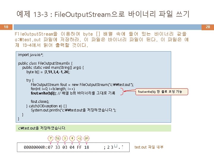 예제 13 -3 : File. Output. Stream으로 바이너리 파일 쓰기 18 28 File. Output.