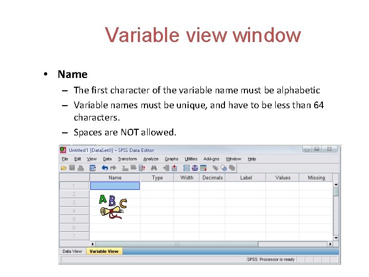 Variable view window • Name – The first character of the variable name must