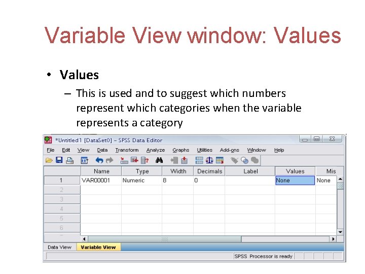 Variable View window: Values • Values – This is used and to suggest which