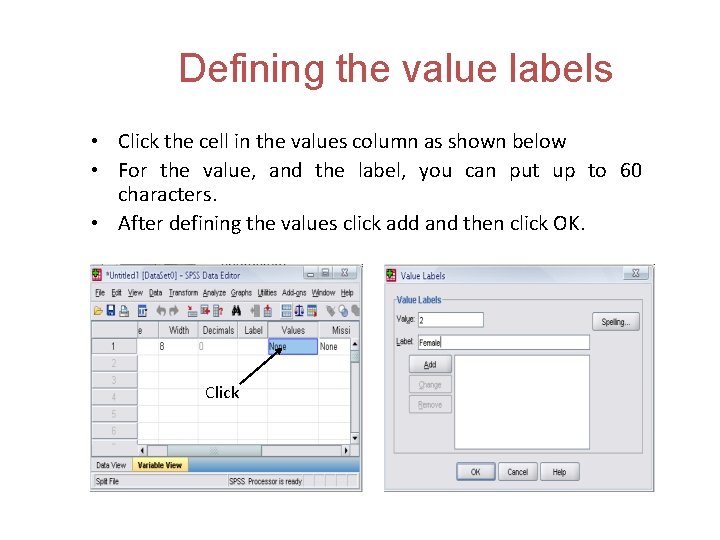 Defining the value labels • Click the cell in the values column as shown