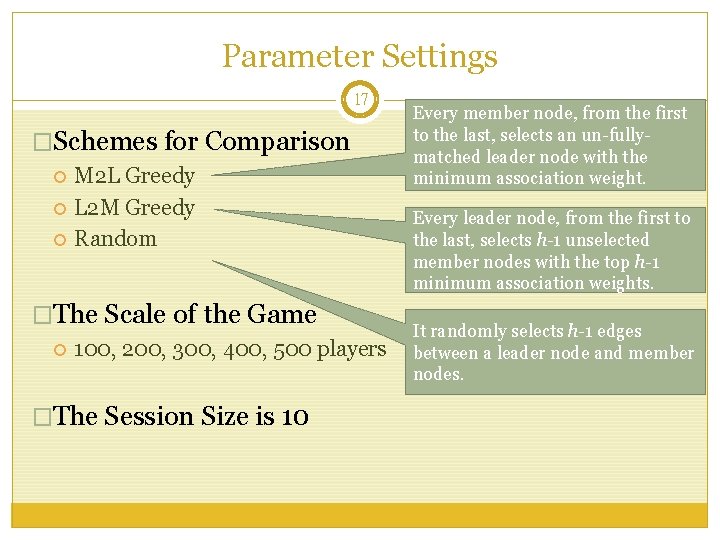 Parameter Settings 17 �Schemes for Comparison M 2 L Greedy L 2 M Greedy