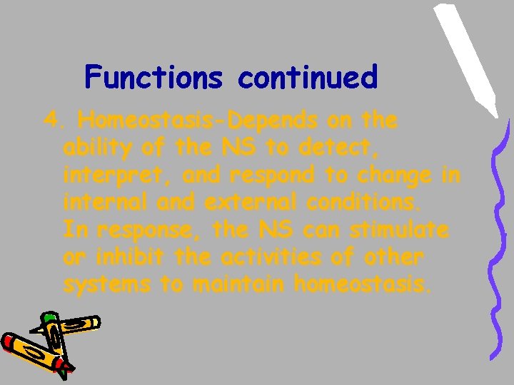 Functions continued 4. Homeostasis-Depends on the ability of the NS to detect, interpret, and Functions continued 4. Homeostasis-Depends on the ability of the NS to detect, interpret, and
