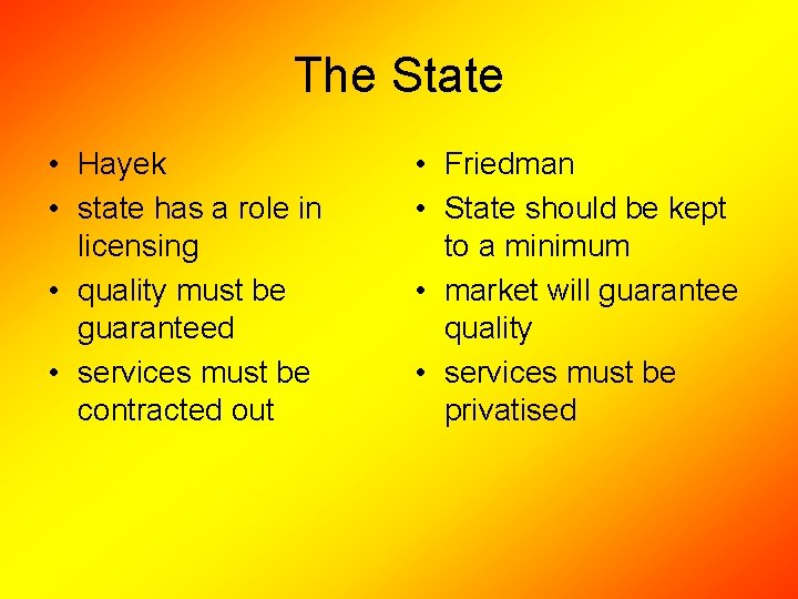 The State • Hayek • state has a role in licensing • quality must