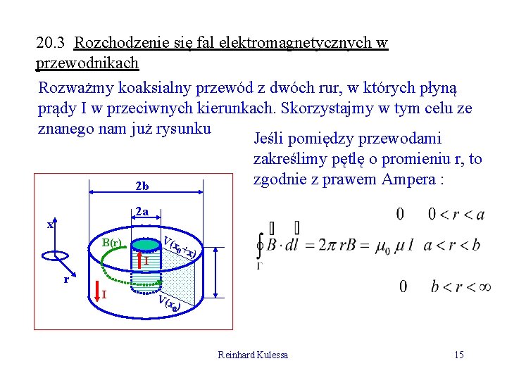 20. 3 Rozchodzenie się fal elektromagnetycznych w przewodnikach Rozważmy koaksialny przewód z dwóch rur,