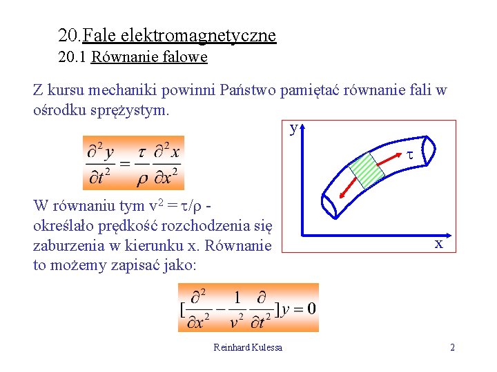 20. Fale elektromagnetyczne 20. 1 Równanie falowe Z kursu mechaniki powinni Państwo pamiętać równanie