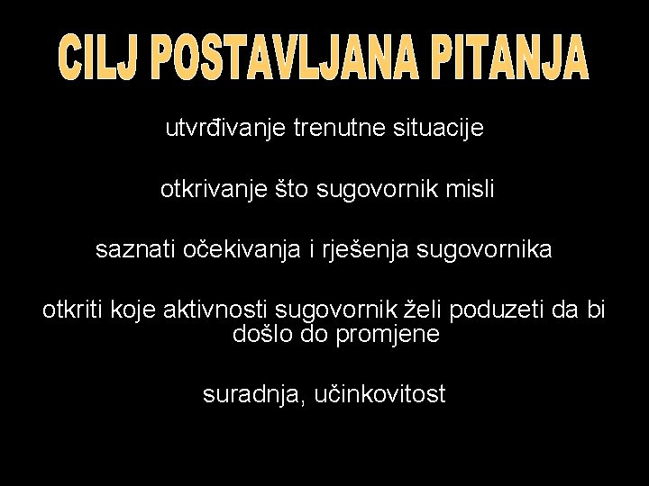 utvrđivanje trenutne situacije otkrivanje što sugovornik misli saznati očekivanja i rješenja sugovornika otkriti koje