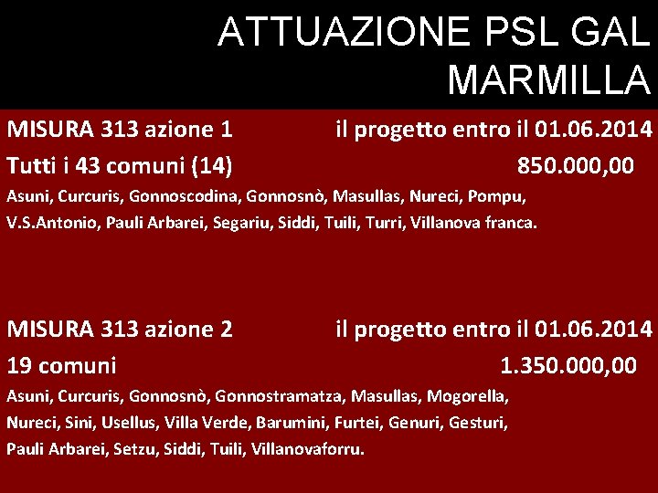 ATTUAZIONE PSL GAL MARMILLA MISURA 313 azione 1 Tutti i 43 comuni (14) il