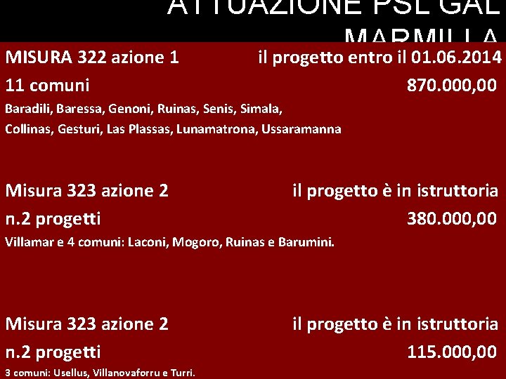 ATTUAZIONE PSL GAL MARMILLA MISURA 322 azione 1 il progetto entro il 01. 06. ATTUAZIONE PSL GAL MARMILLA MISURA 322 azione 1 il progetto entro il 01. 06.
