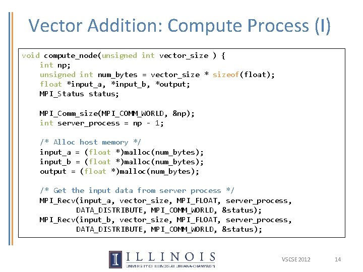 Vector Addition: Compute Process (I) void compute_node(unsigned int vector_size ) { int np; unsigned Vector Addition: Compute Process (I) void compute_node(unsigned int vector_size ) { int np; unsigned