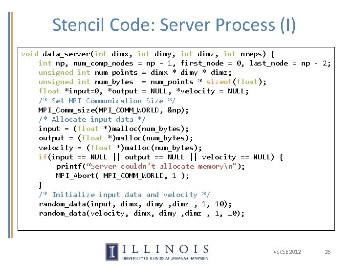 Stencil Code: Server Process (I) void data_server(int dimx, int dimy, int dimz, int nreps) Stencil Code: Server Process (I) void data_server(int dimx, int dimy, int dimz, int nreps)