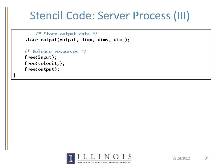 Stencil Code: Server Process (III) /* Store output data */ store_output(output, dimx, dimy, dimz); Stencil Code: Server Process (III) /* Store output data */ store_output(output, dimx, dimy, dimz);