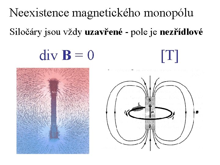Neexistence magnetického monopólu Siločáry jsou vždy uzavřené - pole je nezřídlové div B =