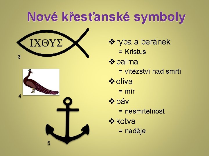 Nové křesťanské symboly v ryba a beránek 3 = Kristus v palma = vítězství