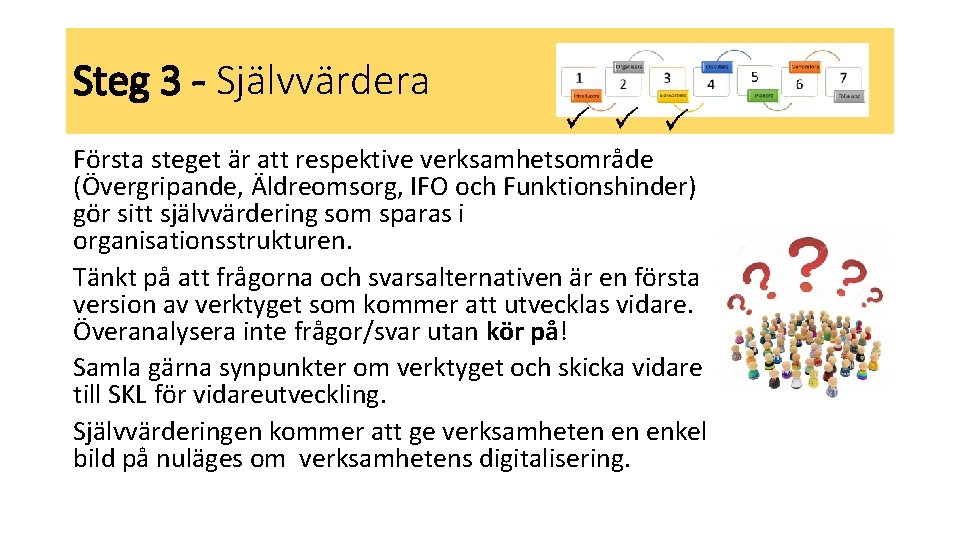 Steg 3 - Självvärdera Första steget är att respektive verksamhetsområde (Övergripande, Äldreomsorg, IFO och