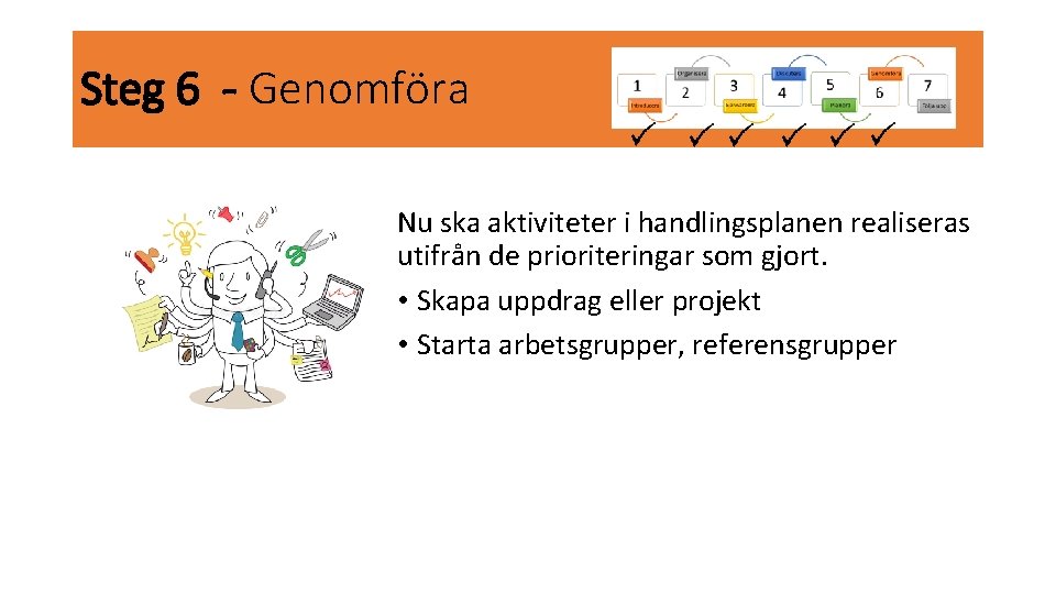 Steg 6 - Genomföra Nu ska aktiviteter i handlingsplanen realiseras utifrån de prioriteringar som